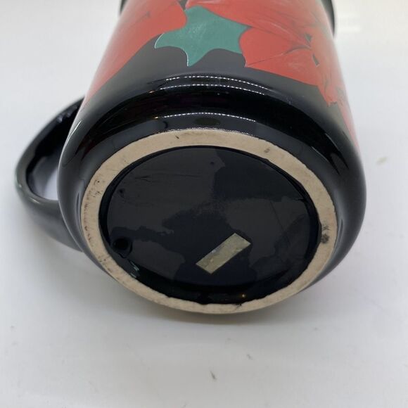 Poinsettia Coffee Mug Black w Red Christmas Flower Vintage Cup - Picture 7 of 8